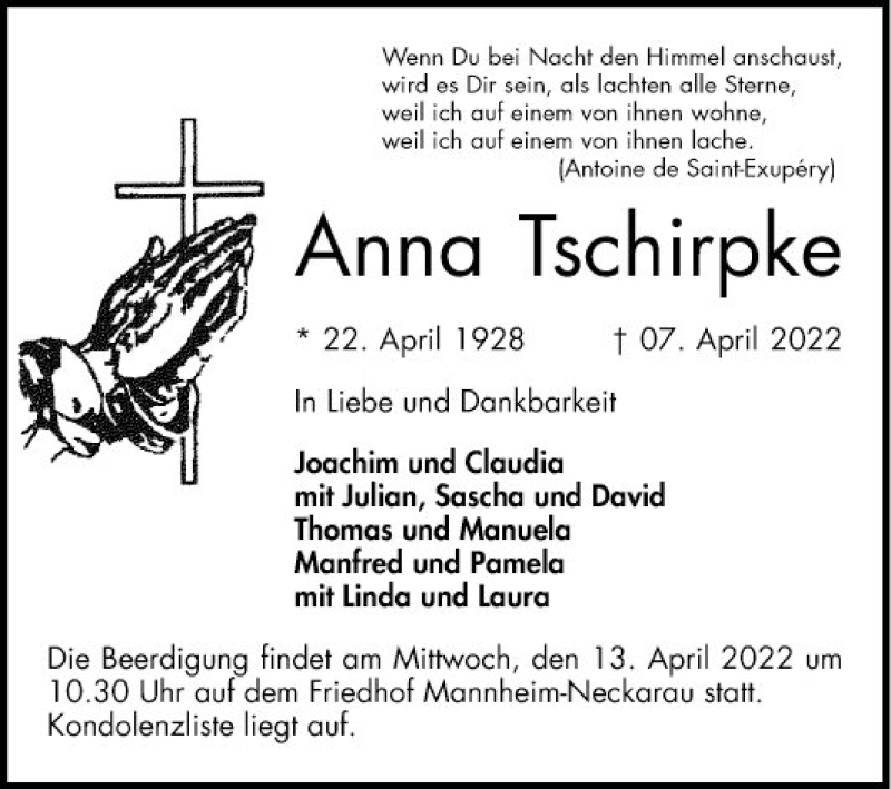  Traueranzeige für Anna Tschirpke vom 09.04.2022 aus Mannheimer Morgen