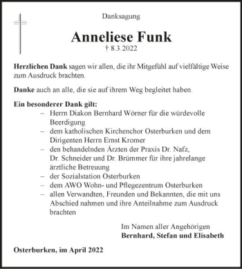 Traueranzeige von Anneliese Funk von Fränkische Nachrichten