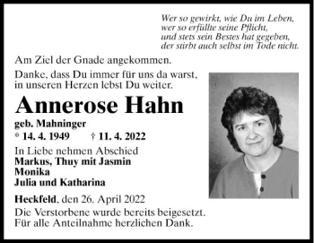 Traueranzeige von Annerose Hahn von Fränkische Nachrichten