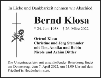 Traueranzeige von Bernd Klosa von Mannheimer Morgen