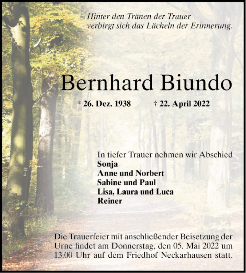  Traueranzeige für Berrnhard Biundo vom 30.04.2022 aus Mannheimer Morgen