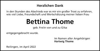 Traueranzeige von Bettina Thome von Schwetzinger Zeitung