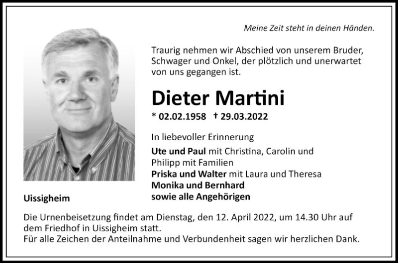  Traueranzeige für Dieter Martini vom 09.04.2022 aus Fränkische Nachrichten