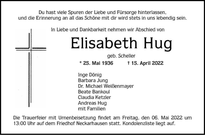  Traueranzeige für Elisabeth Hug vom 30.04.2022 aus Mannheimer Morgen