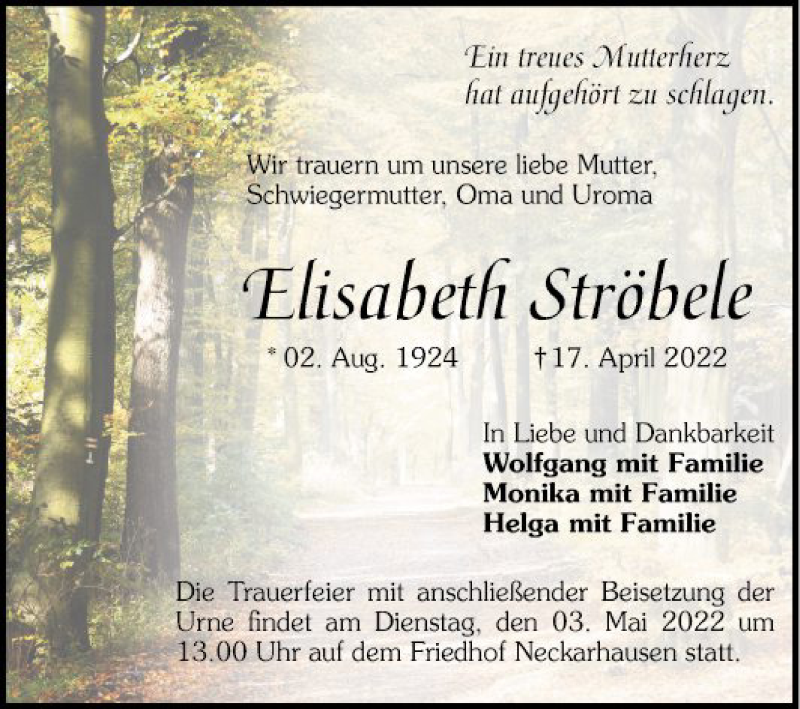  Traueranzeige für Elisabeth Ströbele vom 30.04.2022 aus Mannheimer Morgen
