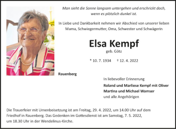 Traueranzeige von Elsa Kempf von Fränkische Nachrichten