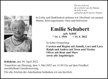 Traueranzeige von Emilie Schubert von Fränkische Nachrichten