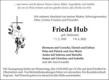 Traueranzeige von Frieda Hub von Fränkische Nachrichten