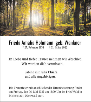 Traueranzeige von Frieda Amalia Hohmann von Bergsträßer Anzeiger