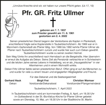 Traueranzeige von Fritz Ullmer von Fränkische Nachrichten