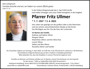 Traueranzeige von Fritz Ullmer von Fränkische Nachrichten