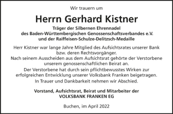 Traueranzeige von Gerhard Kistner von Fränkische Nachrichten