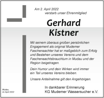 Traueranzeige von Gerhard Kistner von Fränkische Nachrichten