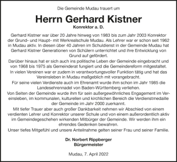 Traueranzeige von Gerhard Kistner von Fränkische Nachrichten