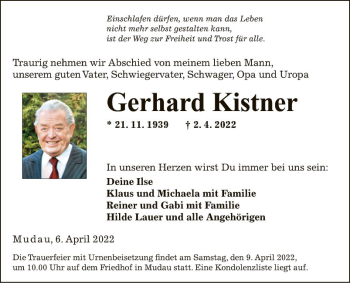 Traueranzeige von Gerhard Kistner von Fränkische Nachrichten