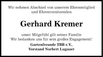 Traueranzeige von Gerhard Kremer von Fränkische Nachrichten