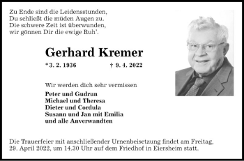 Traueranzeige von Gerhard Kremer von Fränkische Nachrichten