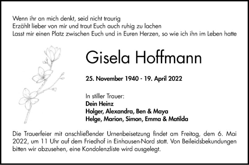  Traueranzeige für Gisela Hoffmann vom 30.04.2022 aus Bergsträßer Anzeiger