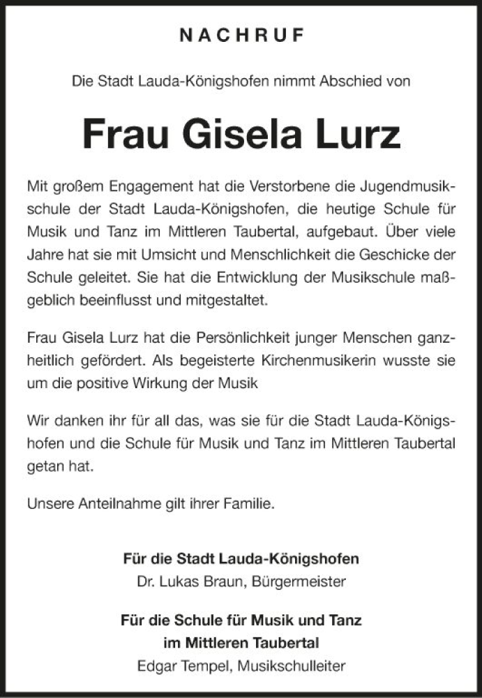  Traueranzeige für Gisela Lurz vom 29.04.2022 aus Fränkische Nachrichten