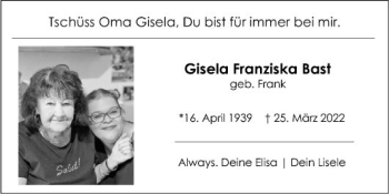 Traueranzeige von Gisela Franziska Bast von Schwetzinger Zeitung