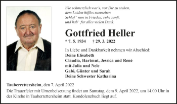 Traueranzeige von Gottfried Heller von Fränkische Nachrichten