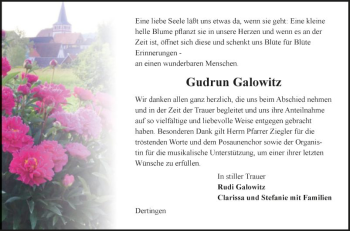 Traueranzeige von Gudrun Galowitz von Fränkische Nachrichten