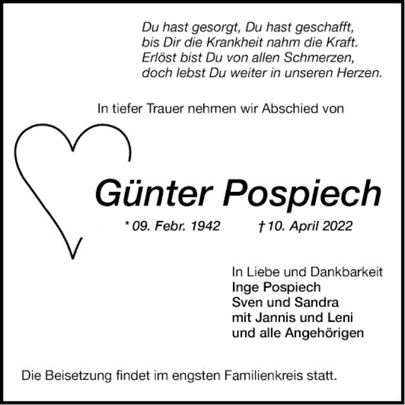  Traueranzeige für Günter Pospiech vom 16.04.2022 aus Mannheimer Morgen