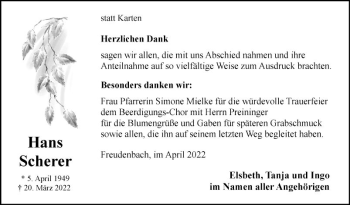 Traueranzeige von Hans Scherer von Fränkische Nachrichten