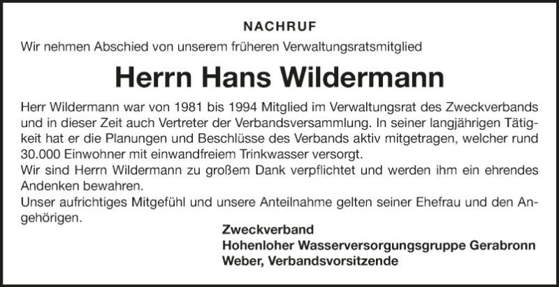  Traueranzeige für Hans Wildermann vom 29.04.2022 aus Fränkische Nachrichten