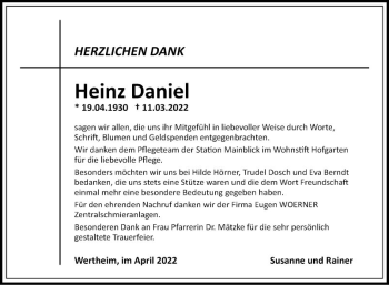 Traueranzeige von Heinz Daniel von Fränkische Nachrichten