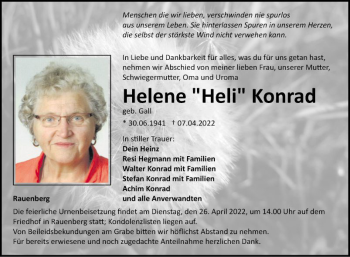 Traueranzeige von Helene Konrad von Fränkische Nachrichten