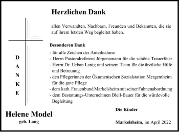 Traueranzeige von Helene Model von Fränkische Nachrichten