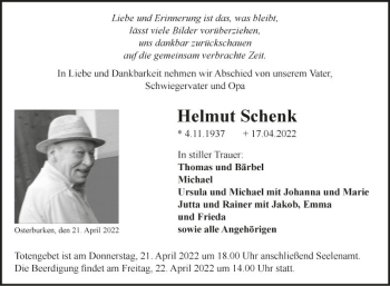 Traueranzeige von Helmut Schenk von Fränkische Nachrichten