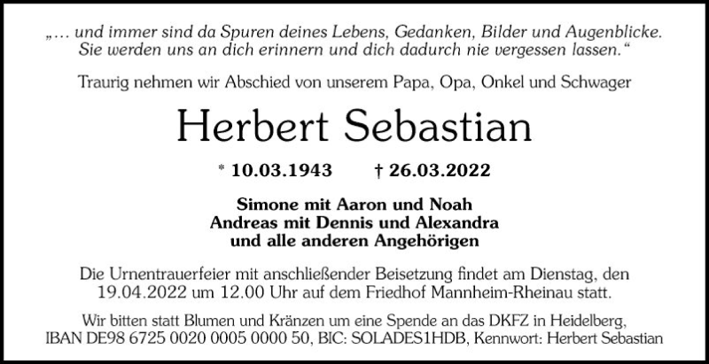  Traueranzeige für Herbert Sebastian vom 09.04.2022 aus Mannheimer Morgen