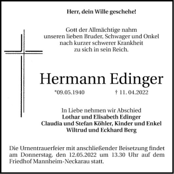 Traueranzeige von Hermann Edinger von Mannheimer Morgen