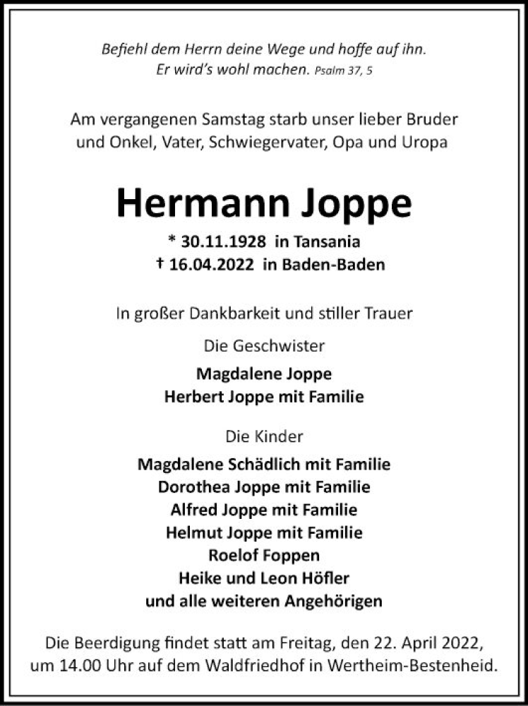  Traueranzeige für Hermann Joppe vom 21.04.2022 aus Fränkische Nachrichten