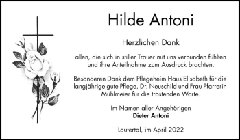 Traueranzeige von Hilde Antoni von Bergsträßer Anzeiger