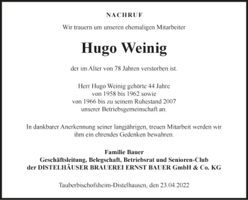 Traueranzeige von Hugo Weinig von Fränkische Nachrichten