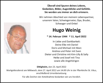 Traueranzeige von Hugo Weinig von Fränkische Nachrichten