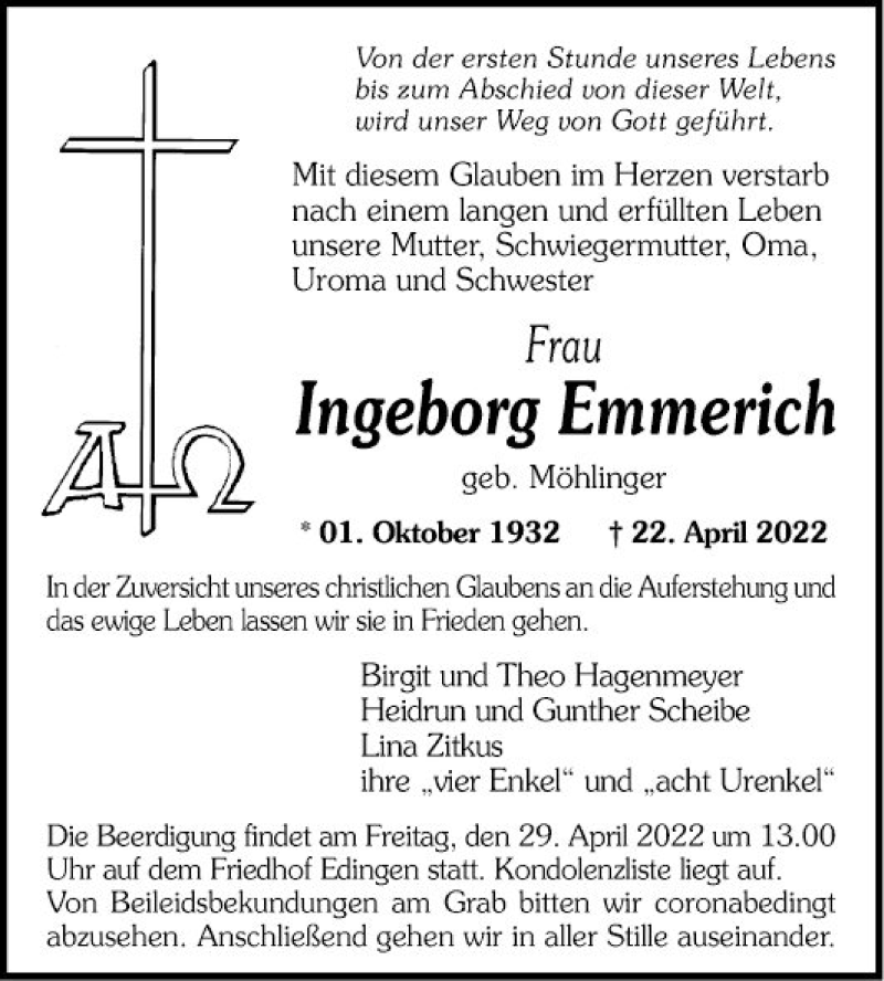  Traueranzeige für Ingeborg Emmerich vom 27.04.2022 aus Mannheimer Morgen