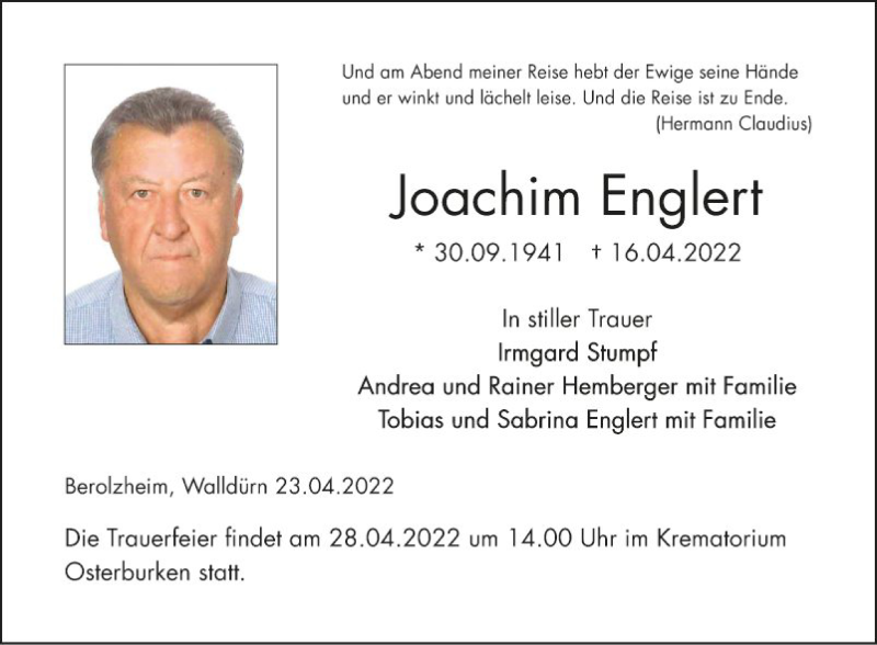  Traueranzeige für Joachim Englert vom 23.04.2022 aus Fränkische Nachrichten