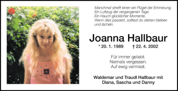 Traueranzeige von Joanna Hallbaur von Fränkische Nachrichten