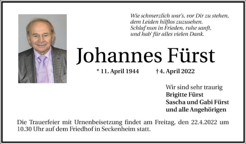  Traueranzeige für Johannes Fürst vom 16.04.2022 aus Mannheimer Morgen