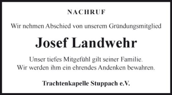 Traueranzeige von Josef Landwehr von Fränkische Nachrichten