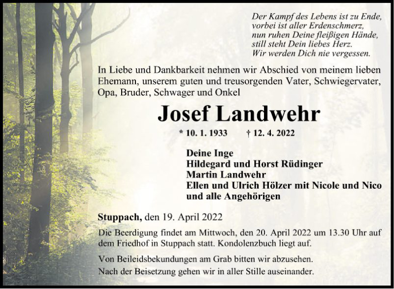  Traueranzeige für Josef Landwehr vom 19.04.2022 aus Fränkische Nachrichten