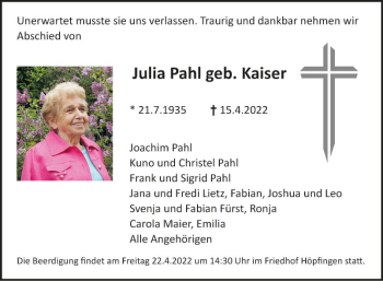 Traueranzeige von Julia Pahl von Fränkische Nachrichten