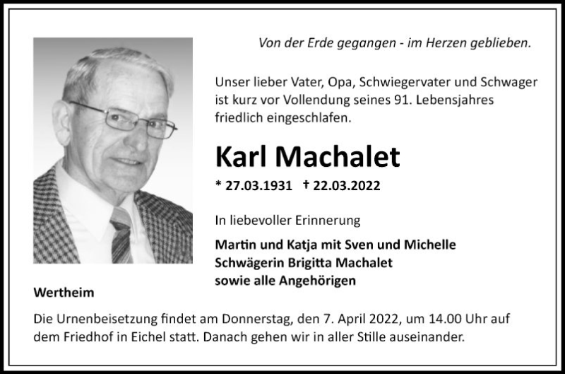  Traueranzeige für Karl Machalet vom 02.04.2022 aus Fränkische Nachrichten