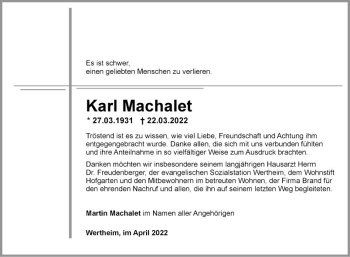 Traueranzeige von Karl Machalet von Fränkische Nachrichten