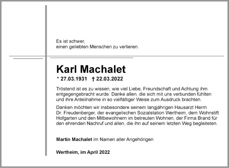  Traueranzeige für Karl Machalet vom 16.04.2022 aus Fränkische Nachrichten