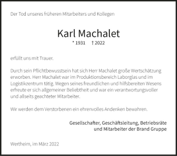 Traueranzeige von Karl Machalet von Fränkische Nachrichten